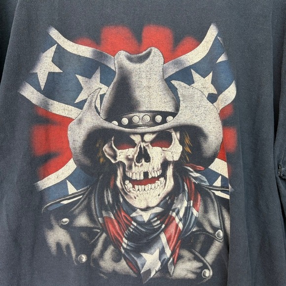 VINTAGE USA Y2K Black Thunder Sportswear Skull Rebel Cowboy Shirt Size 2XL FLAW‎ - Picture 2 of 7